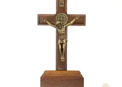 3.75" Brazillian Walnut Wood With Gold St Benedict Corpus Standing Crucifix Bagged