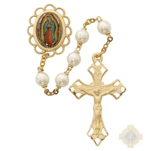 Pearl like Guadalupe Rosary with Pewter Crucifix