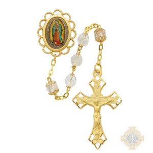 Clear Glass Guadalupe Rosary with Pewter Crucifix