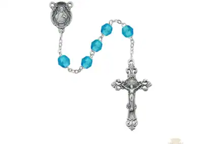 Aqua Glass March Rosary with Zinc Alloy Crucifix