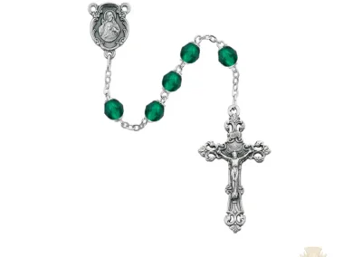 Dark Green Glass May Rosary with Zinc Alloy Crucifix