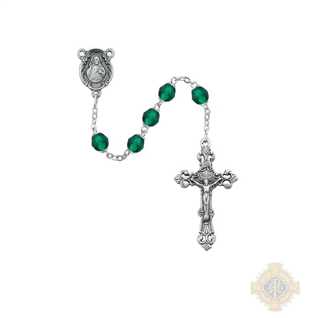 Dark Green Glass May Rosary with Zinc Alloy Crucifix Dark Green Glass May Rosary with Zinc Alloy Crucifix