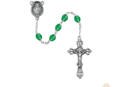 Light Green Glass August Rosary with Zinc Alloy Crucifix