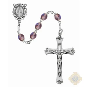 Light Lavender Glass June Rosary with Sterling silver Crucifix