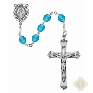 Aqua Glass March Rosary with Sterling silver Crucifix