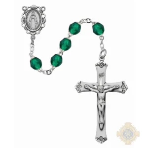 Dark Green Glass May Rosary with Sterling silver Crucifix