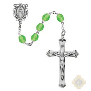 Light Green Glass August Rosary with Sterling silver Crucifix