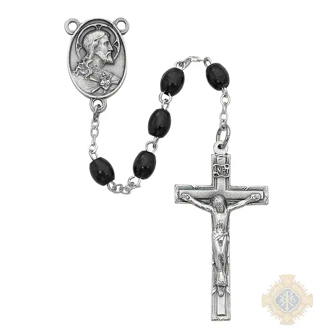 Black Oval Wood Rosary with Pewter Crucifix Black Oval Wood Rosary with Pewter Crucifix