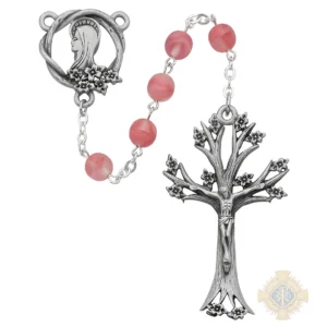 Pink Glass Dogwood Rosary with Pewter Crucifix