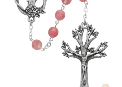 Pink Glass Dogwood Rosary with Pewter Crucifix