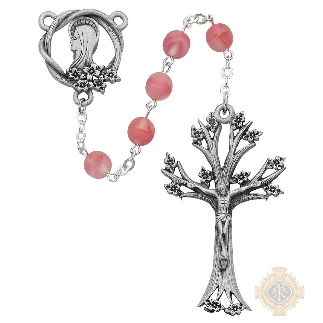 Pink Glass Dogwood Rosary with Pewter Crucifix Pink Glass Dogwood Rosary with Pewter Crucifix
