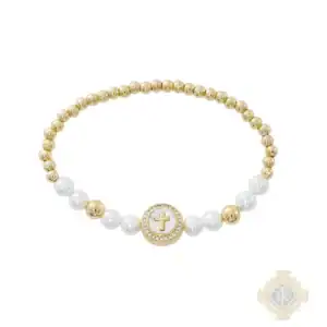 Gold Plate Pearl Stretch Mother Of Pearl Crystal Stone Bracelet Deluxe Box