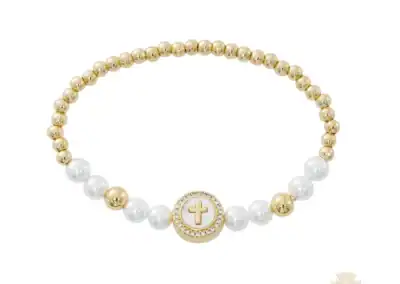 Gold Plate Pearl Stretch Mother Of Pearl Crystal Stone Bracelet Deluxe Box