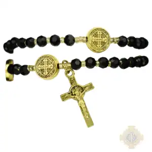 Antique Gold St. Benedict Black Crystal Twistable Rosary Bracelet