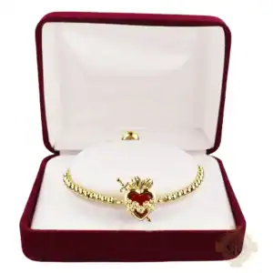 18Kt Gold Plate Red Heart Sacred Heart/Immaculate Heart Bolo Bracelet Deluxed