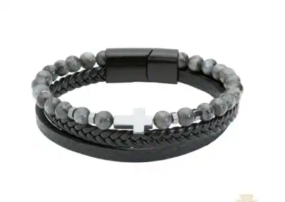 Men'S 8" Leather Labradorite Bracelet With Black Gift Box