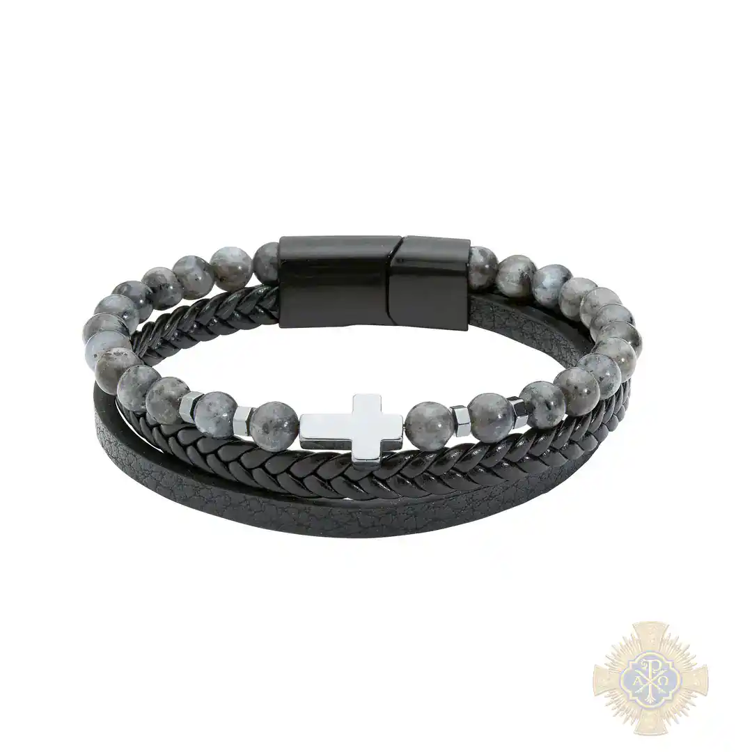Men’S 8″ Leather Labradorite Bracelet With Black... Men'S 8" Leather Labradorite Bracelet With Black Gift Box