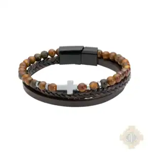 Men'S 8" Leather Tiger Eye Bracelet With Black Gift Box
