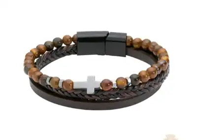 Men'S 8" Leather Tiger Eye Bracelet With Black Gift Box
