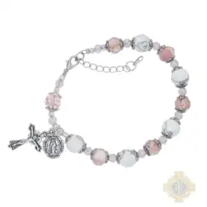 Pink Flower And White Stone Beads With Adjustable Links Bracelet