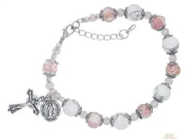Pink Flower And White Stone Beads With Adjustable Links Bracelet