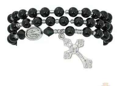 Simulated Black Agate Twistable Rosary Bracelet Carded