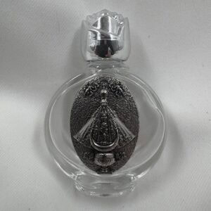 Our Lady of San Juan de los Lagos Round Glass Holy Water Bottle with Silver Rose Cap