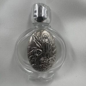 Our Lady of Lourdes Round Glass Holy Water Bottle with Silver Rose Cap