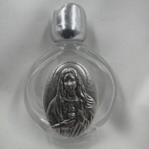 Immaculate Heart of Mary Round Glass Holy Water Bottle with Silver Rose Cap
