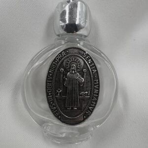 Saint Benedict Jubilee Medal Round Glass Holy Water Bottle with Silver Rose Cap