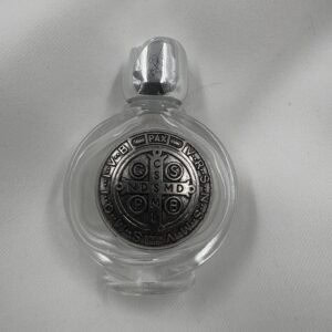Saint Benedict Medal Cross Round Glass Holy Water Bottle with Silver Rose Cap