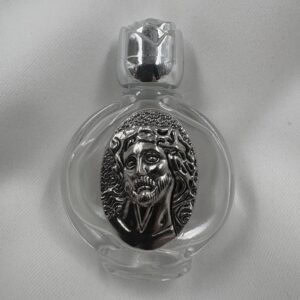 Holy Face of Jesus Round Glass Holy Water Bottle with Silver Rose Cap