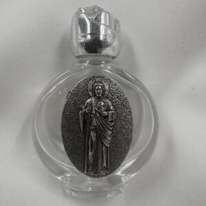 Saint Jude Thaddeus Round Glass Holy Water Bottle with Silver Rose Cap