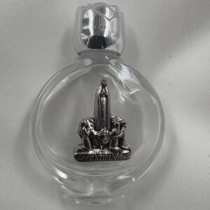 Our Lady of Fatima Round Glass Holy Water Bottle with Silver Rose Cap