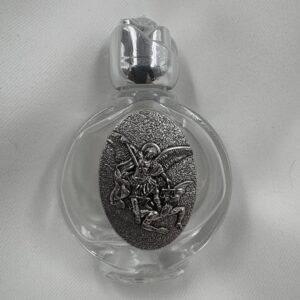 Saint Michael the Archangel Round Holy Water Bottle with Silver Rose Cap