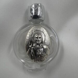Sacred Heart of Jesus Round Glass Holy Water Bottle with Silver Rose Cap