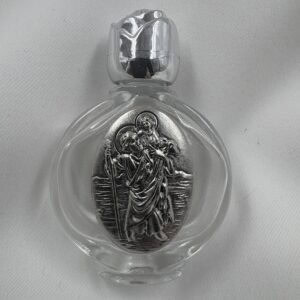Saint Christopher Round Glass Holy Water Bottle with Silver Rose Cap