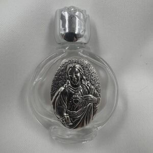 Sacred Heart of Jesus Round Holy Water Bottle with Silver Rose Cap