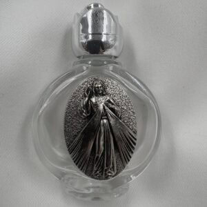 Divine Mercy Round Glass Holy Water Bottle with Silver Rose Cap
