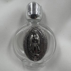 Our Lady of Guadalupe Round Glass Holy Water Bottle with Silver Rose Cap