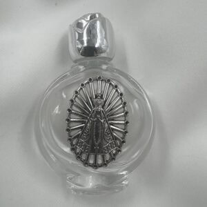 Our Lady of Solitude Round Holy Water Bottle with Silver Rose Cap