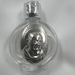Saint Padre Pio Round Holy Water Bottle with Silver Rose Cap
