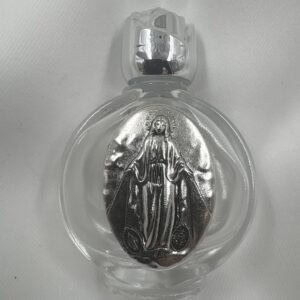 Miraculous Medal Round Glass Holy Water Bottle with Silver Rose Cap