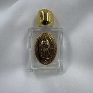 Our Lady of Guadalupe Glass Holy Water Bottle with Gold Rose Cap