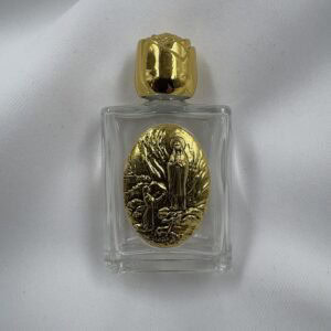 Our Lady of Lourdes Glass Holy Water Bottle with Gold Rose Cap