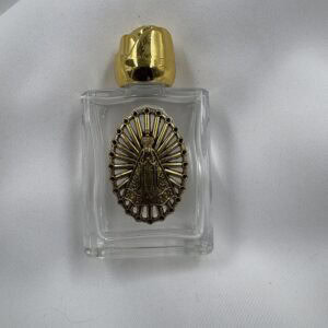 Our Lady of Solitude Glass Holy Water Bottle with Gold Rose Cap