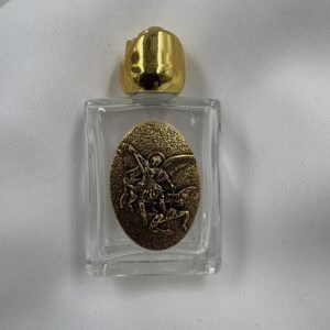 Saint Michael the Archangel Glass Holy Water Bottle with Gold Rose Cap