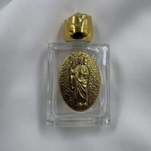 Saint Jude Thaddeus Glass Holy Water Bottle with Gold Rose Cap