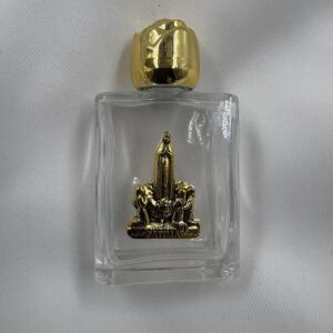 Our Lady of Fatima Glass Holy Water Bottle with Gold Rose Cap