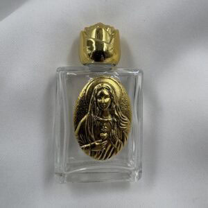 Immaculate Heart of Mary Glass Holy Water Bottle with Gold Rose Cap